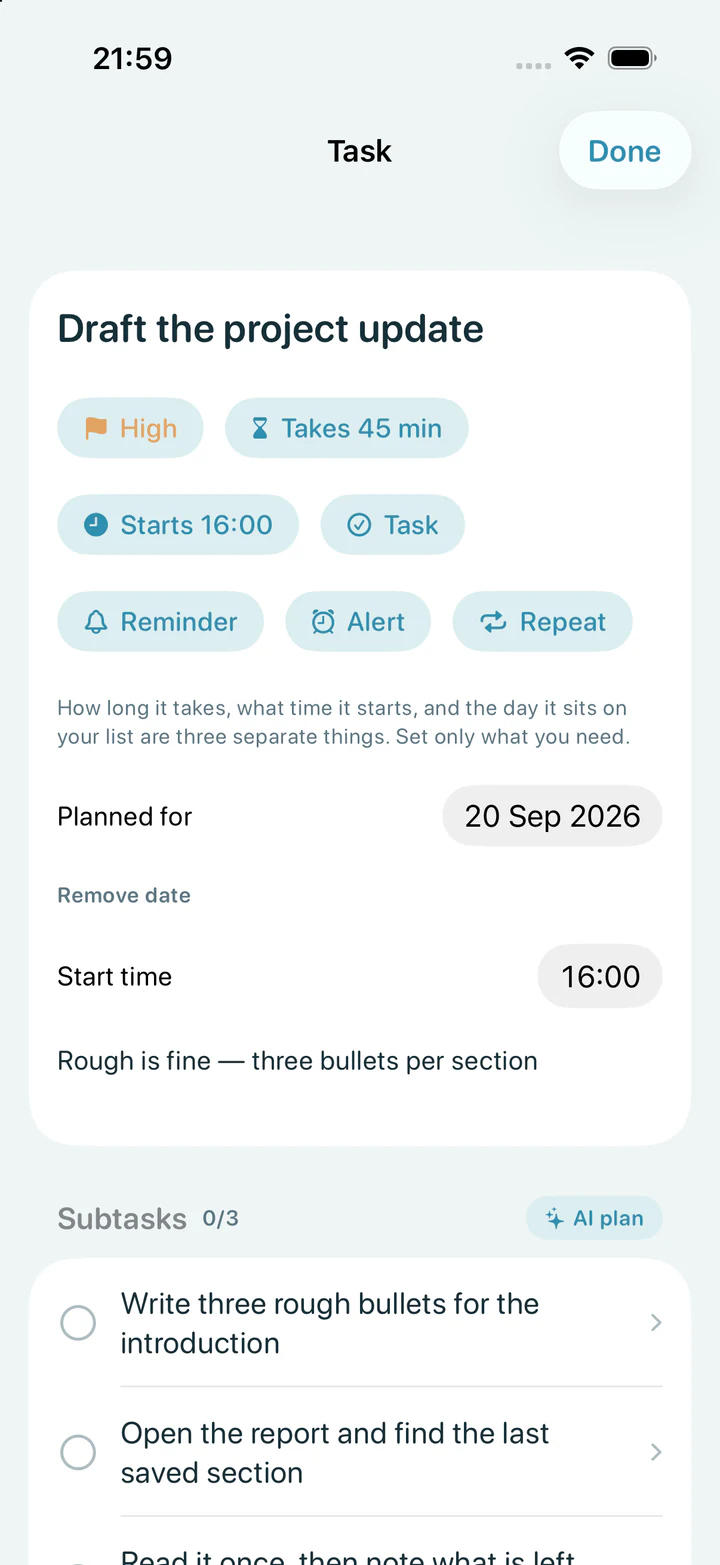 Reset task details with timing, notes and three smaller subtasks