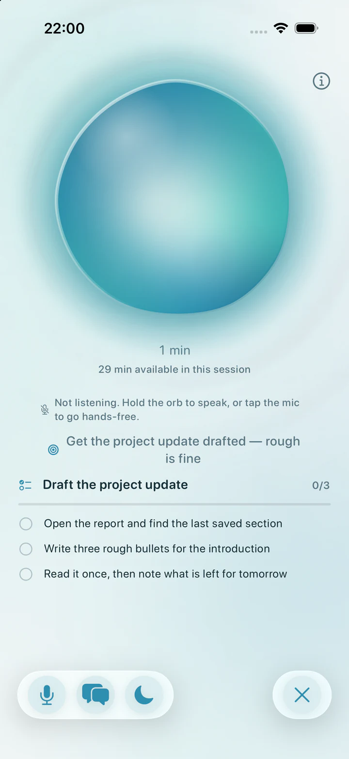 Reset's Focus Companion screen showing the orb, one intention and the next steps for a task