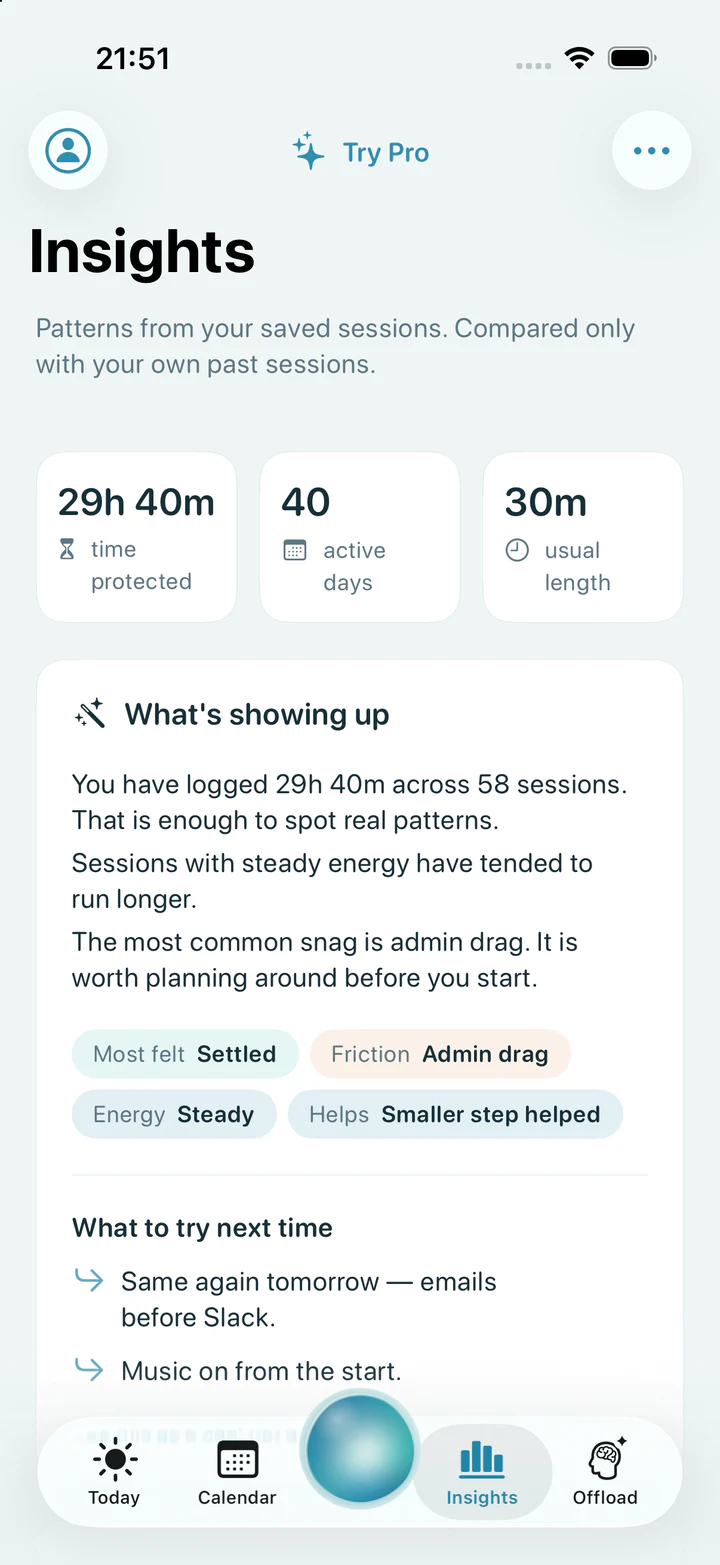 Reset Insights showing patterns from saved sessions, not a score