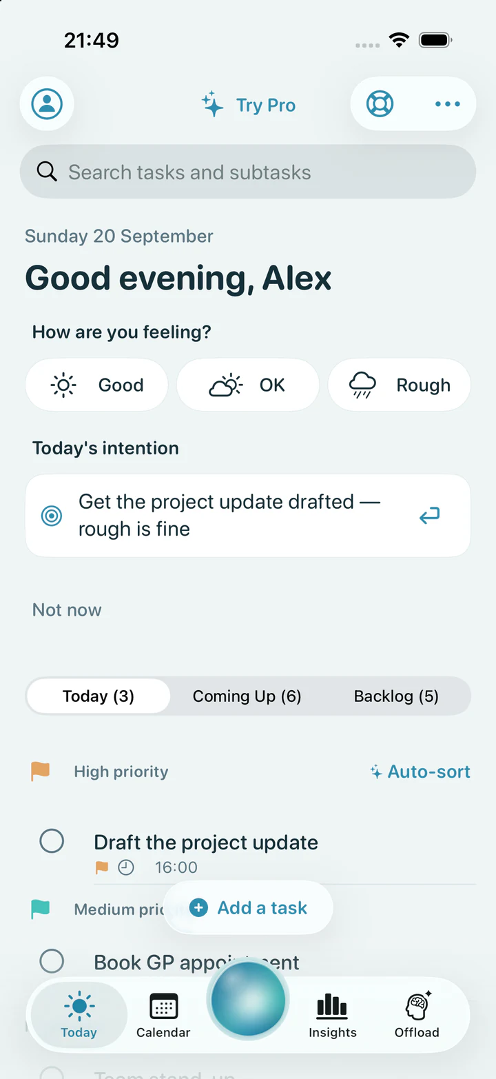 Reset Today screen with the Auto-sort control and tasks grouped by priority